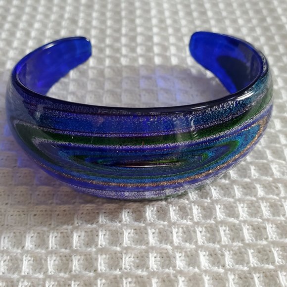 Dichroic Glass Cuff Bangle Cobalt Blue Metallic Shimmery Swirls Milky Way Design - Picture 2 of 6